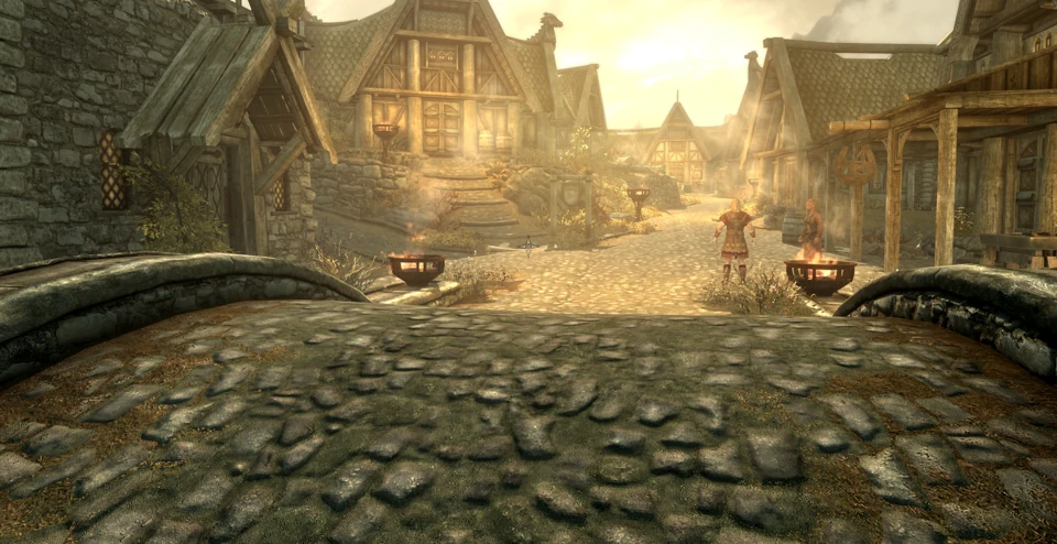 global illumination v0 in whiterun, before: ray-traced sun shadows with vanilla ambient