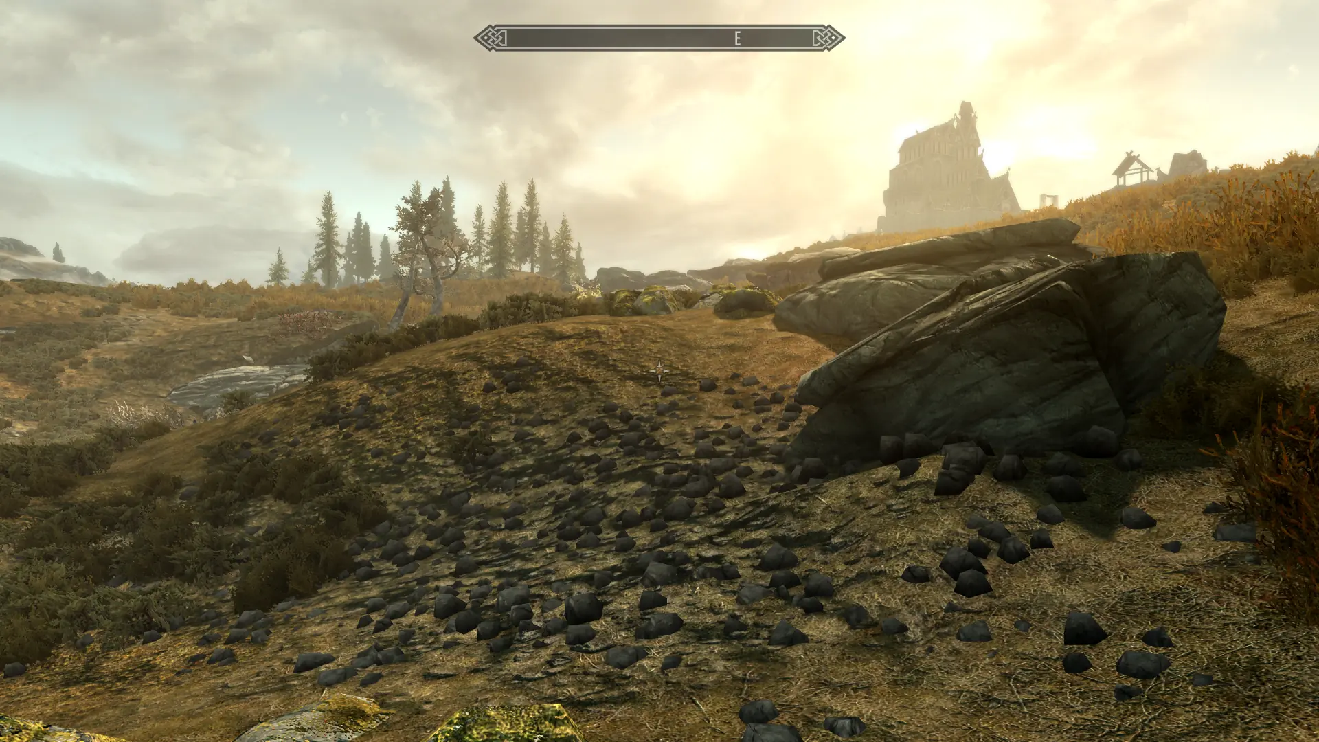 the traversal scene: a no-clip flight across the plains outside whiterun